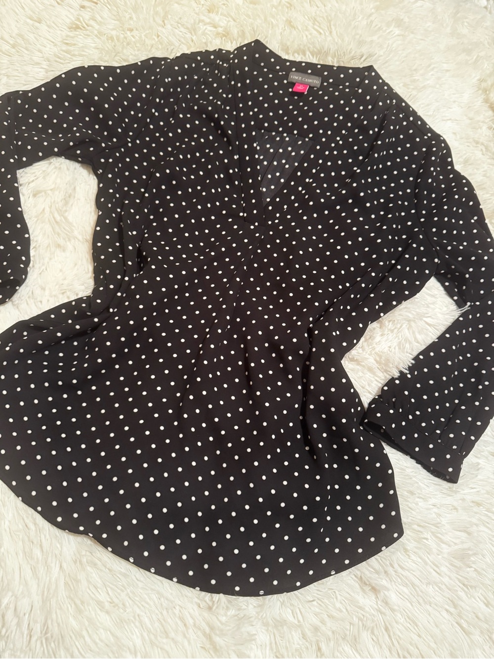 Black Polka Dot Long-Sleeve V-Neck Blouse